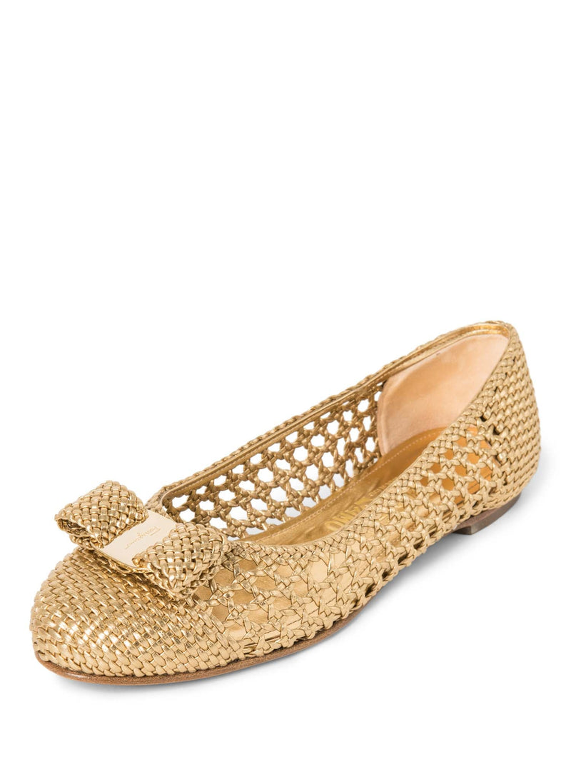 Salvatore Ferragamo Logo Vara Bow Woven Ballet Flats Gold-designer resale