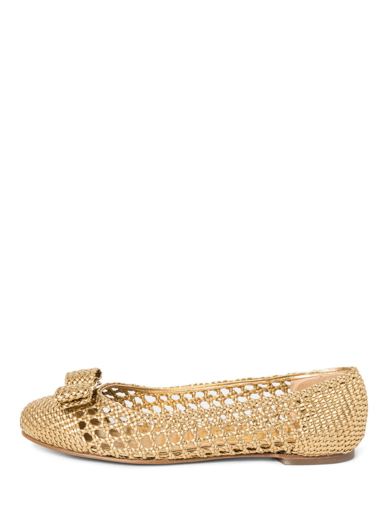 Salvatore Ferragamo Logo Vara Bow Woven Ballet Flats Gold-designer resale