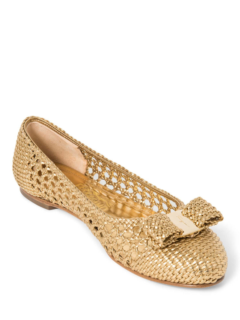 Salvatore Ferragamo Logo Vara Bow Woven Ballet Flats Gold-designer resale