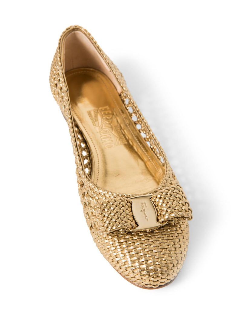 Salvatore Ferragamo Logo Vara Bow Woven Ballet Flats Gold-designer resale