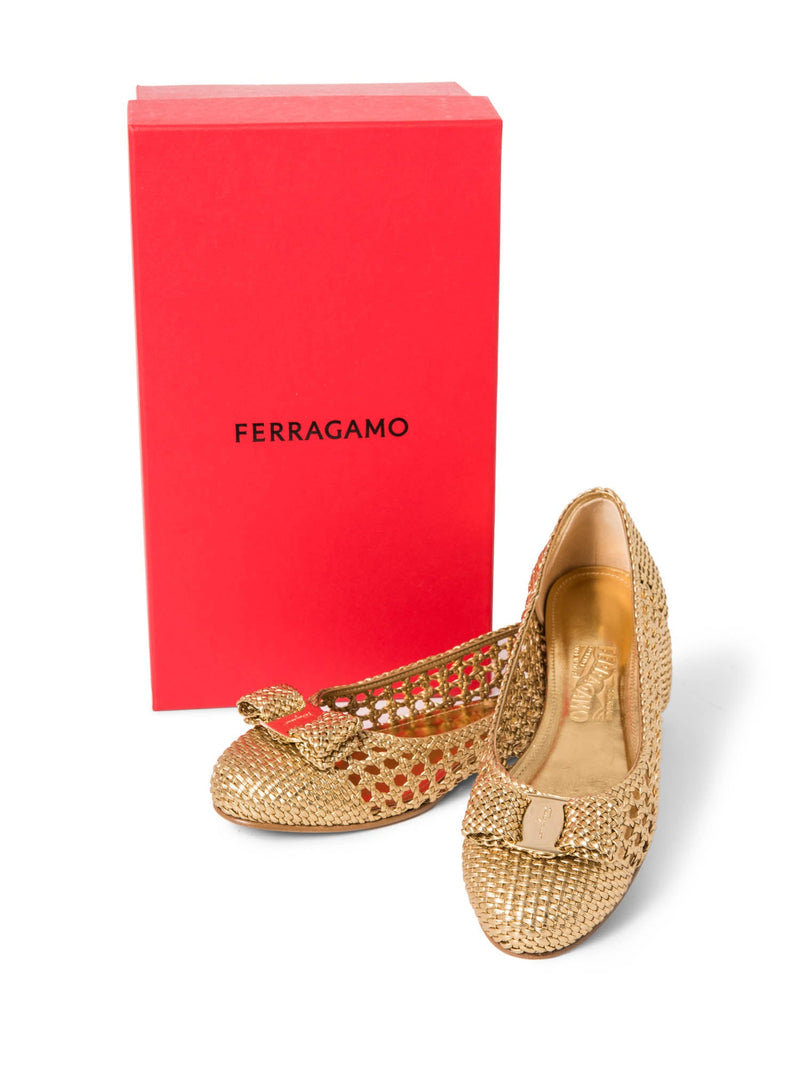 Salvatore Ferragamo Logo Vara Bow Woven Ballet Flats Gold-designer resale