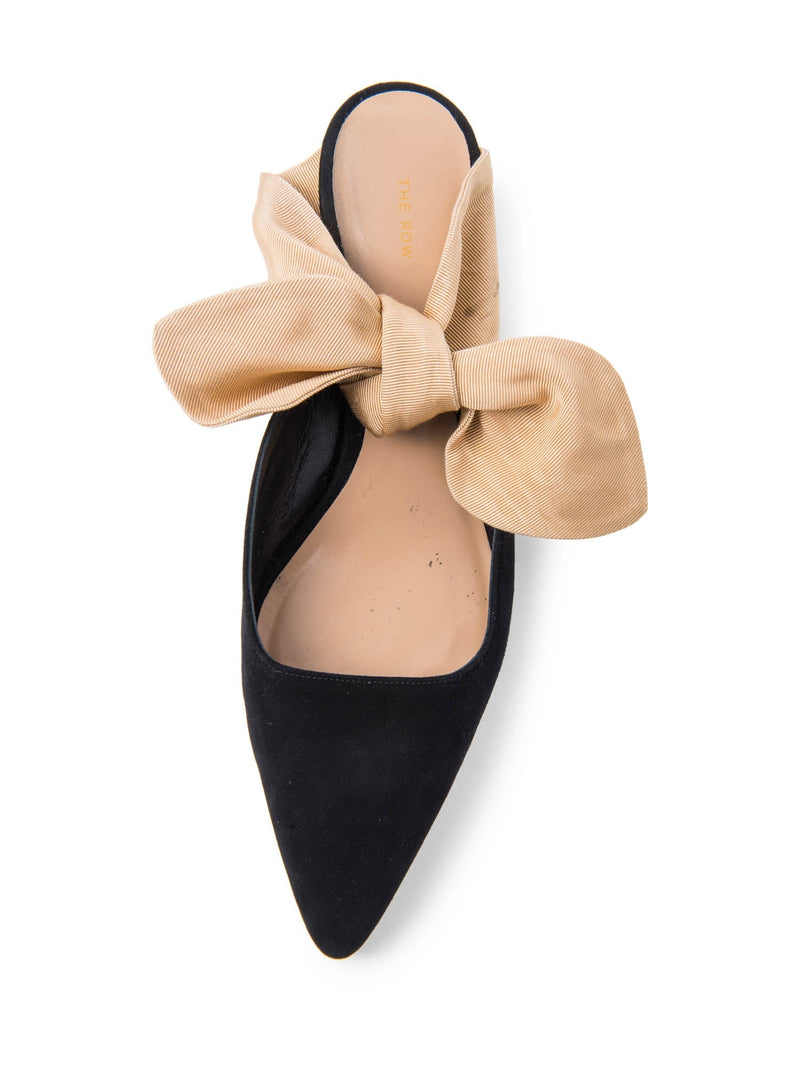 The Row Suede Slip On Bow Kitten Heels Black Gold-designer resale