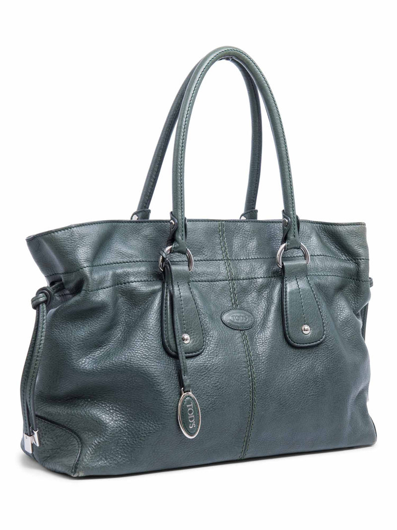 Tod`s Logo Leather Top Handle Bag Green Silver-designer resale