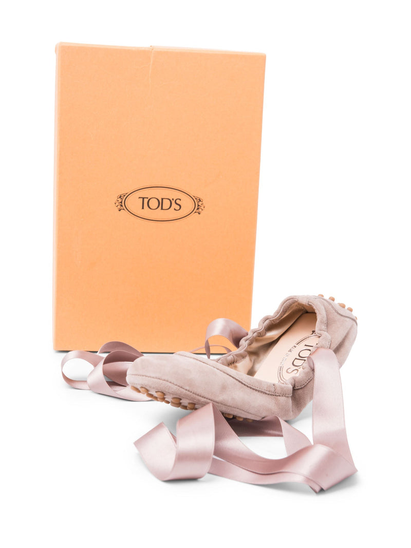 Tod`s Suede Ballet Flats with Ribbons Taupe-designer resale