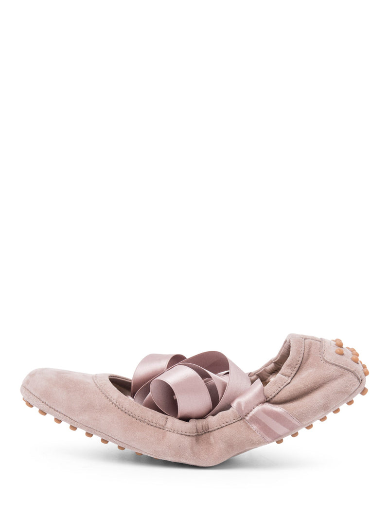 Tod`s Suede Ballet Flats with Ribbons Taupe-designer resale