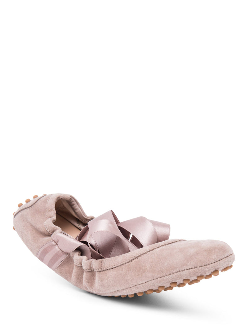 Tod`s Suede Ballet Flats with Ribbons Taupe-designer resale