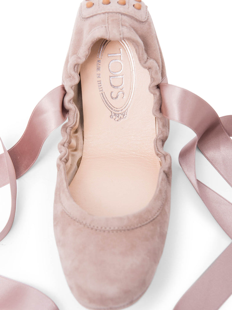 Tod`s Suede Ballet Flats with Ribbons Taupe-designer resale