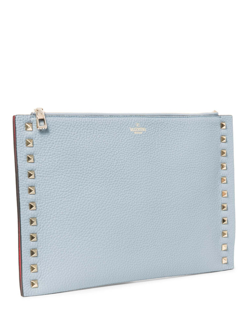 Valentino Logo Leather Rockstud Zippered Clutch Blue Gold-designer resale