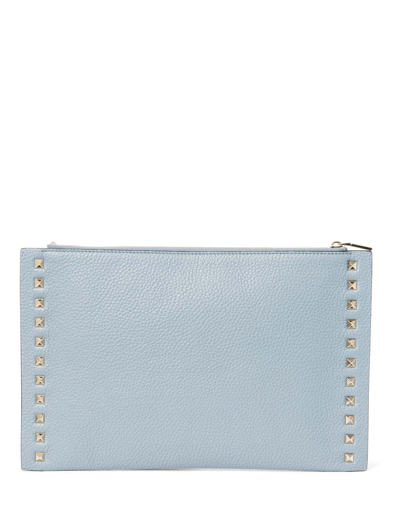 Valentino Logo Leather Rockstud Zippered Clutch Blue Gold-designer resale