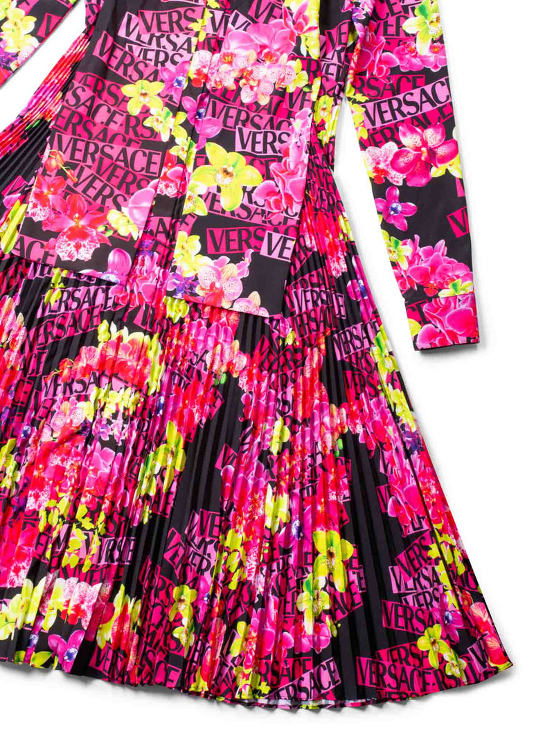 Versace Logo Print Silk Floral Pleated Midi Dress Pink Multicolor-designer resale