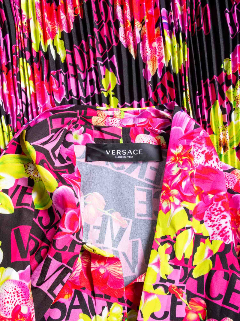 Versace Logo Print Silk Floral Pleated Midi Dress Pink Multicolor-designer resale