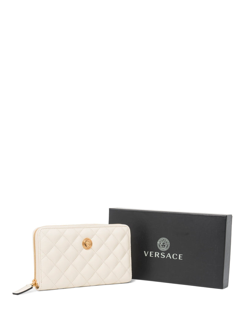 Versace Logo Quilted Leather Long Zippered Wallet Ivory-designer resale