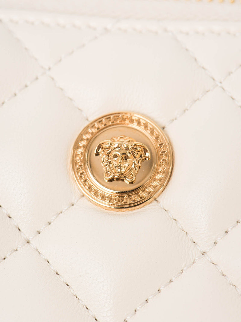 Versace Logo Quilted Leather Long Zippered Wallet Ivory-designer resale