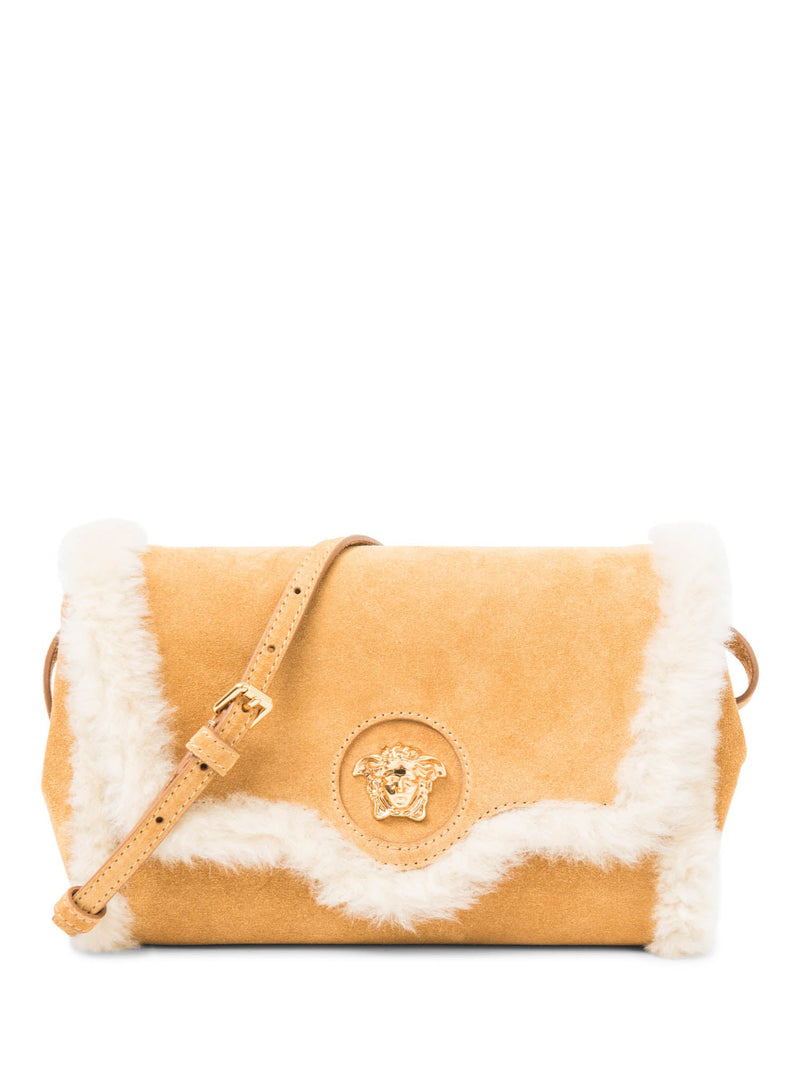 Versace Logo Suede Fur Medusa Messenger Bag Brown Beige-designer resale