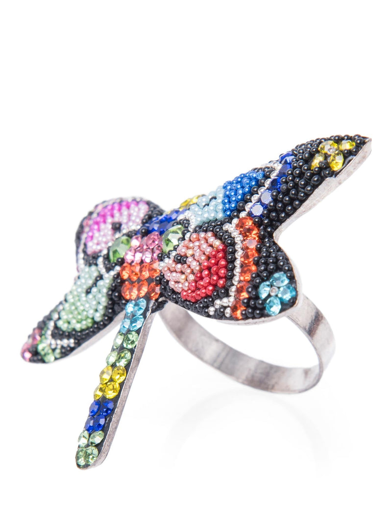 Vintage Navajo 925 Sterling Silver Rhinestone Beaded Dragonfly Ring-designer resale