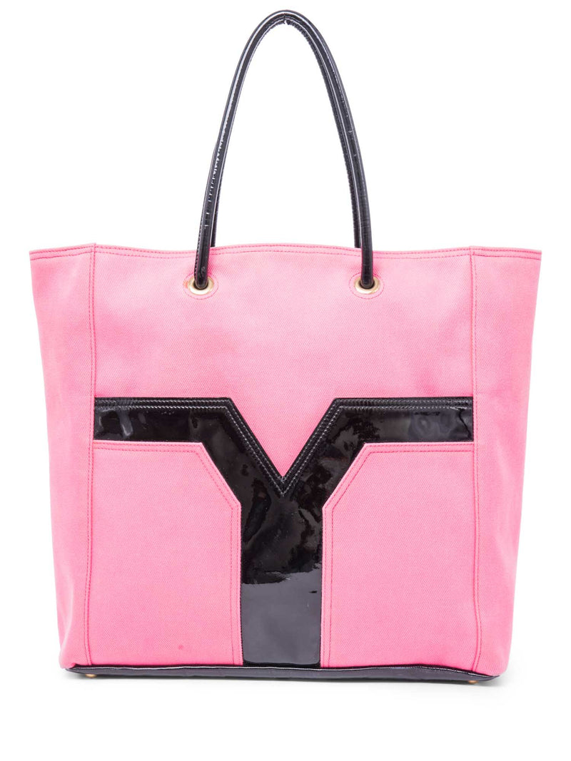 Yves Saint Lauren Logo Patent Leather Canvas Shopper Bag Pink-designer resale