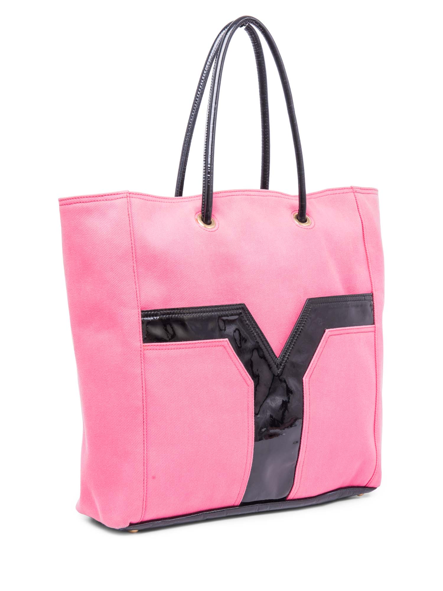 Yves Saint Lauren Logo Patent Leather Canvas Shopper Bag Pink