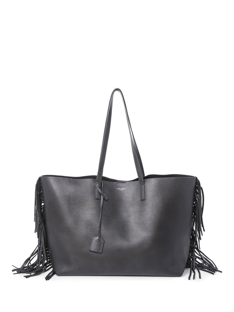 Yves Saint Laurent Leather East-West Fringe Tote Bag Black-designer resale