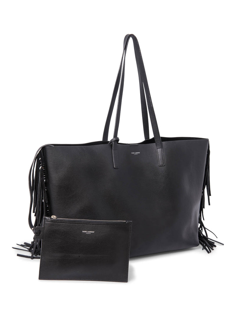 Yves Saint Laurent Leather East-West Fringe Tote Bag Black-designer resale