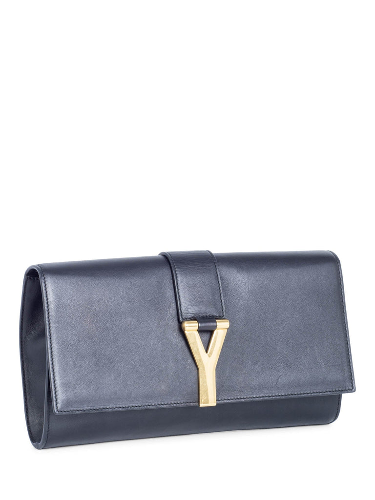 Yves Saint Laurent Logo Leather Flap Clutch Black-designer resale