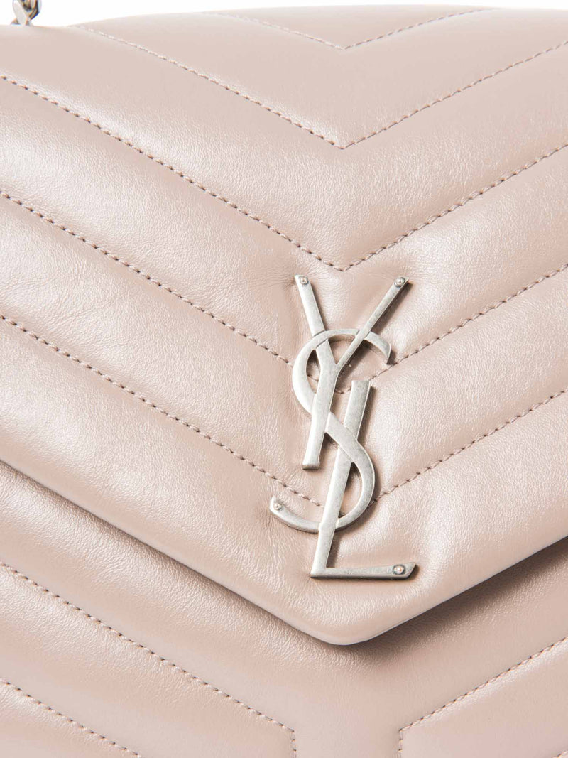 Yves Saint Laurent Logo Quilted Chevron Leather Medium Loulou Bag Taupe Silver-designer resale