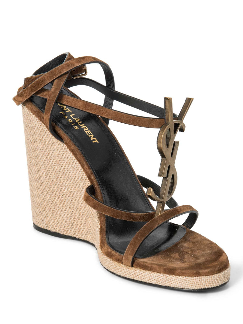 Yves Saint Laurent Logo Suede Cassandra Wedge Sandals Brown-designer resale