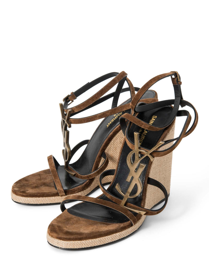 Yves Saint Laurent Logo Suede Cassandra Wedge Sandals Brown-designer resale