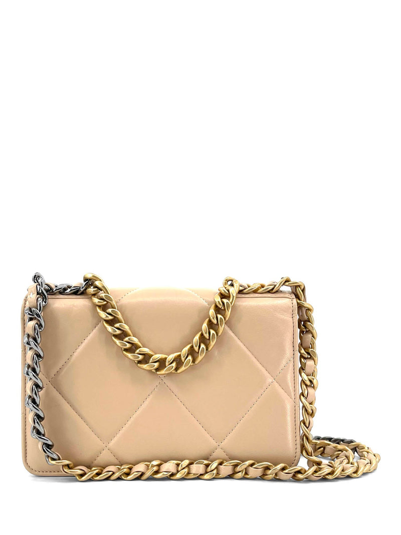 Chanel Beige Quilted Lambskin Chanel 19 Mini Coin Purse With Chain Chanel