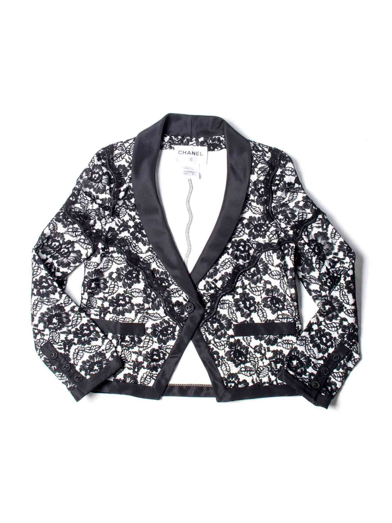 CHANEL CC Logo Cotton Lace Fitted Jacket Black-designer resale