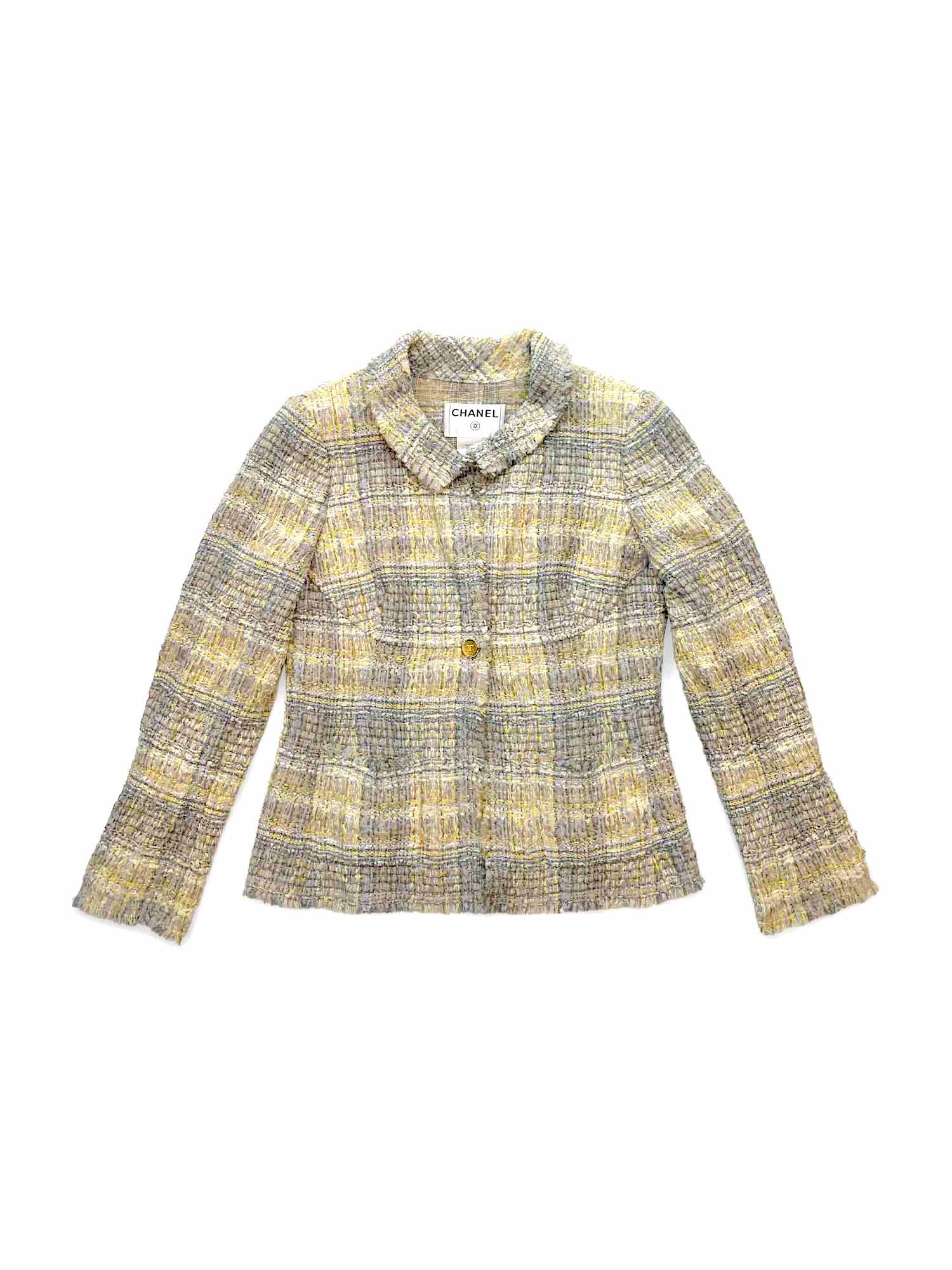 CHANEL CC Logo Lesage Tweed Fringe Jacket Grey Yellow