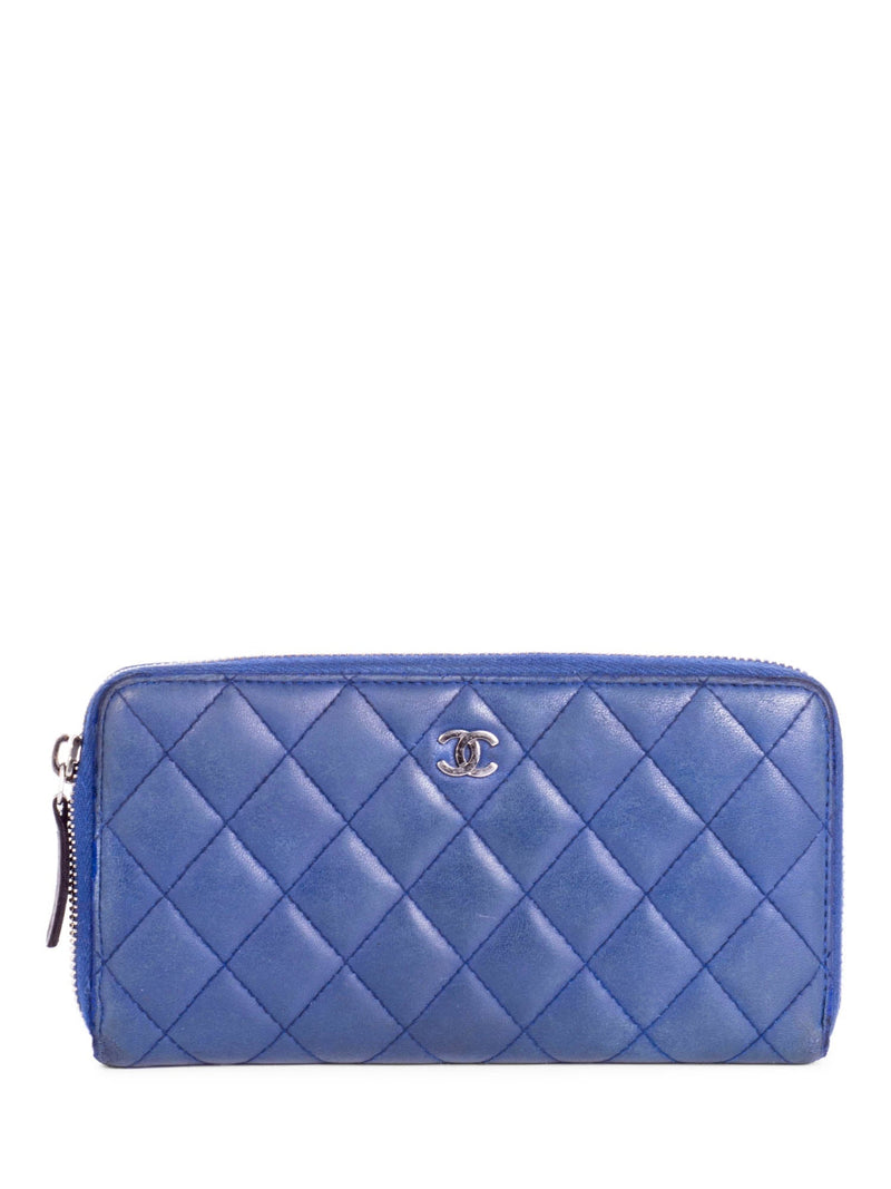 CHANEL CC Logo Quilted Leather Continental Zip Around Wallet Blue