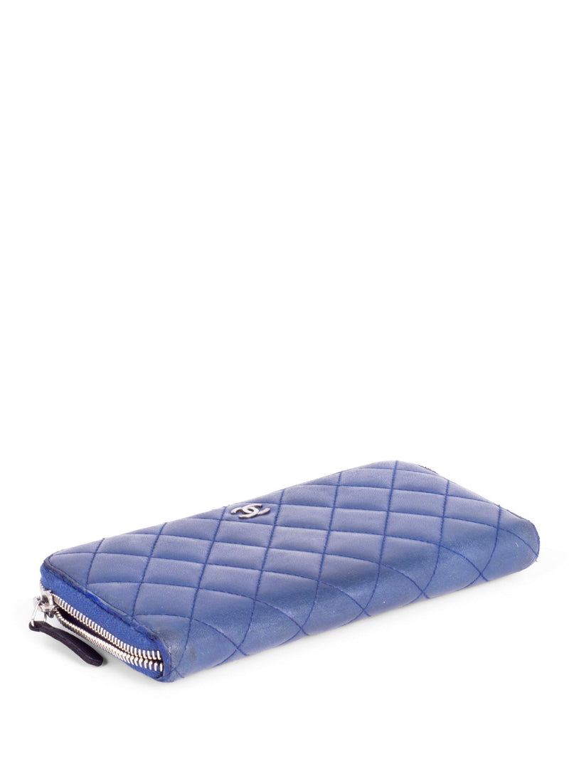 Chanel Blue Bicolor Quilted Maroon Trim Compact Zip Around Wallet