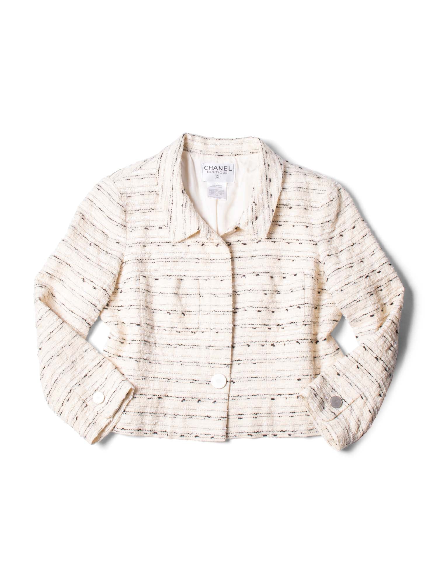 CHANEL CC Logo Sequin Tweed Jacket Cream