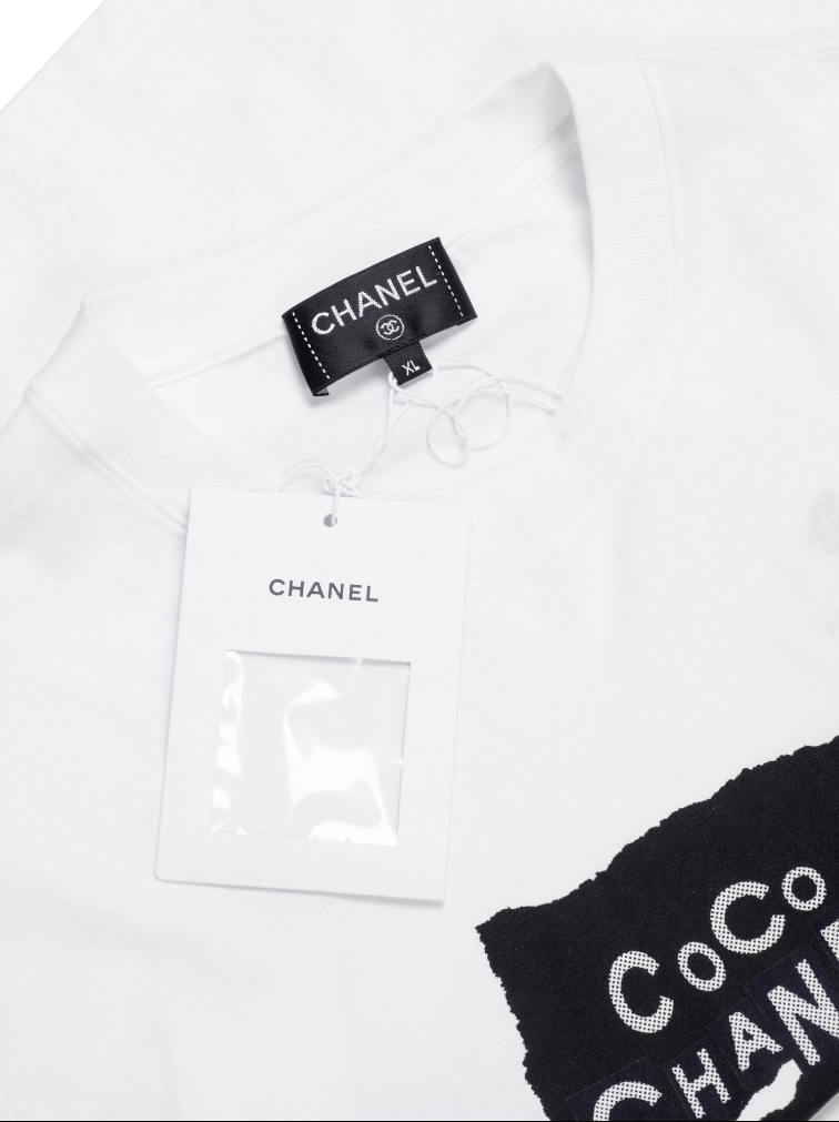 Chanel Runway White Cotton Black 'CHANEL' Short Sleeve Button Collar Shirt  at 1stDibs