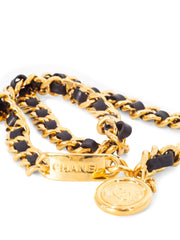 Boutique CHANEL Gold brass chain and medallion belt braided with black  leather Size 94 A