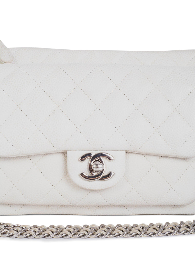 CHANEL Quilted Caviar Leather CC Logo Flap Messenger Bag White Silver-designer resale