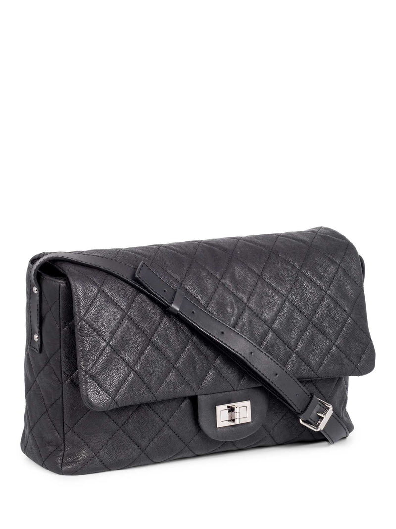 Black Leather Flap Big Size Messenger Bag Chain Shoulder Quilted