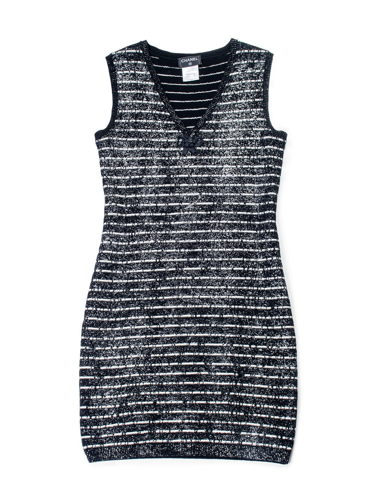 CHANEL Sparkly Knit CC Logo Dress Black White-designer resale