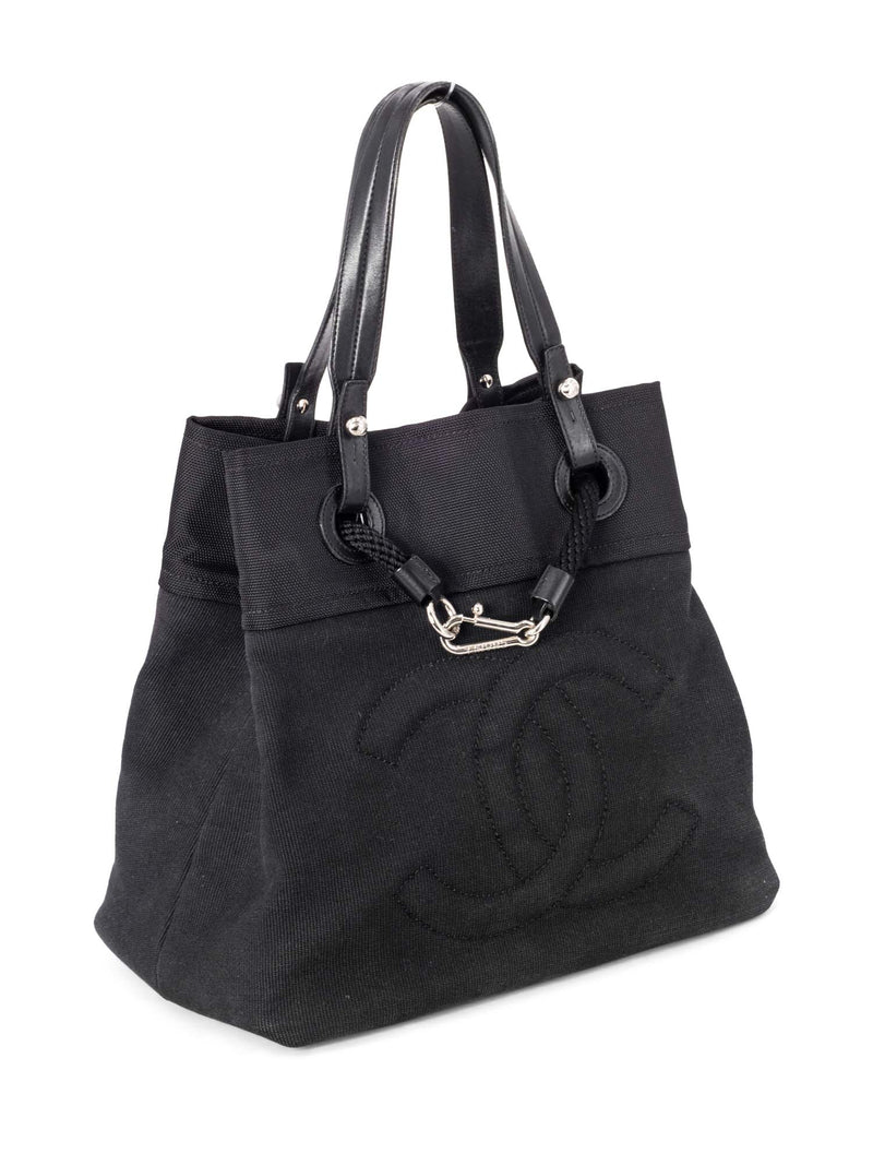 CHANEL Paris Biarritz Tote Black Coated Canvas Leather Small Tote
