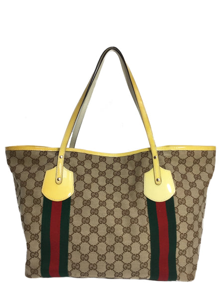 GG Monogram Canvas Classic Brown Tote Bag Red Green Web Stripe