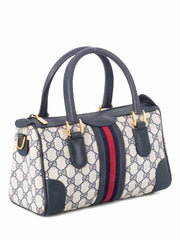 Gucci Boston Bag Vintage Web Stripe Navy GG Supreme Canvas Leather Trim