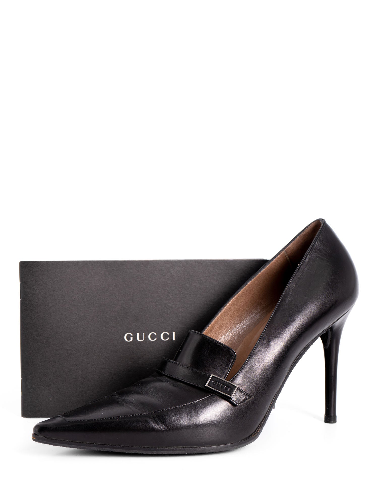 Gucci Logo Leather Pointed Toe Pumps Black