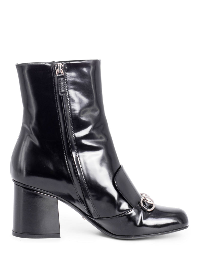 Gucci Patent Leather Horsebit Ankle Booties Black-designer resale