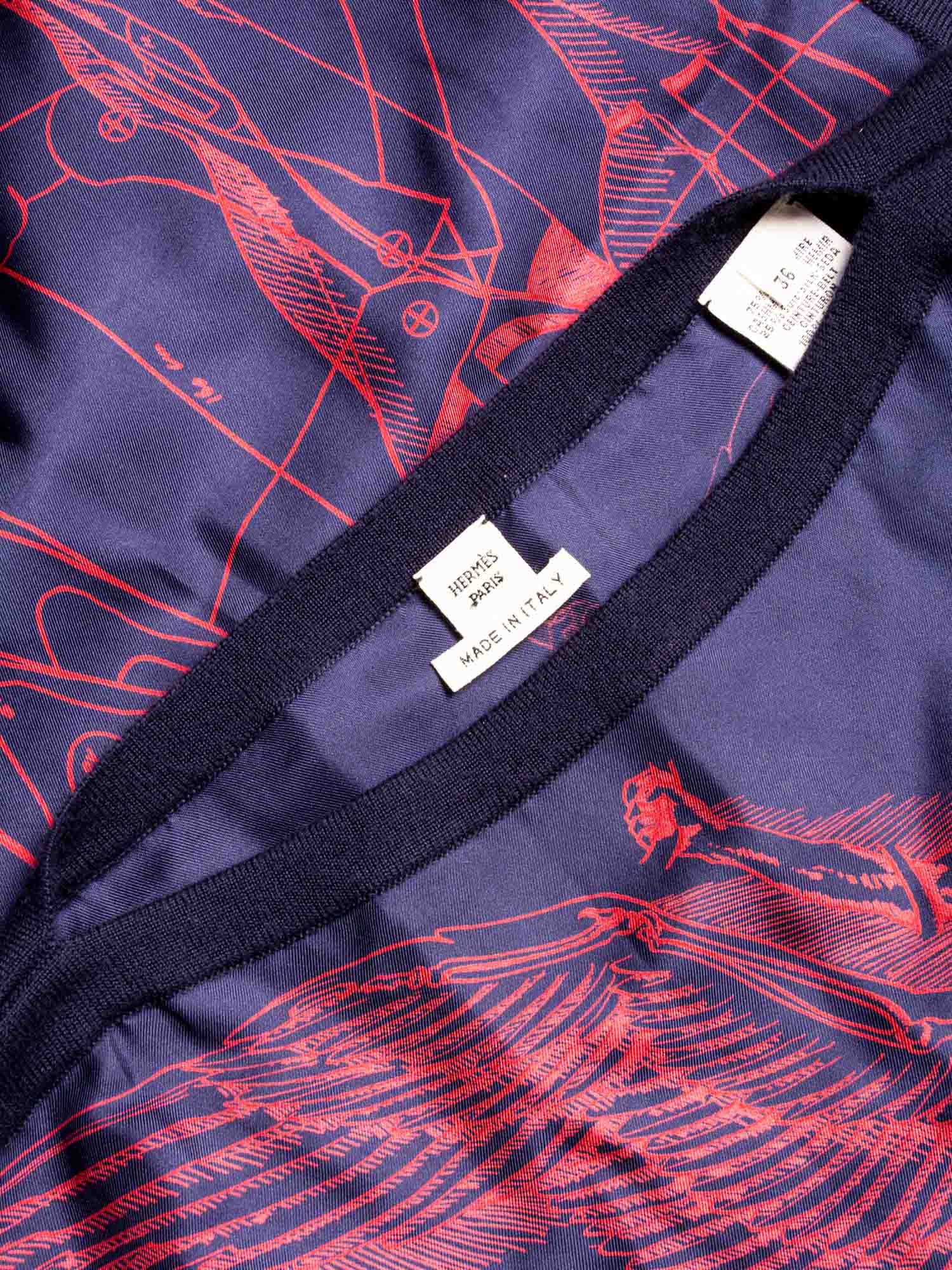 Hermes Cashmere Silk Horse Print Dress Navy Red