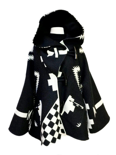 LINDSEY THORNBURG PENDLETON Black White Wool Hooded Cape Coat Toggle Closure