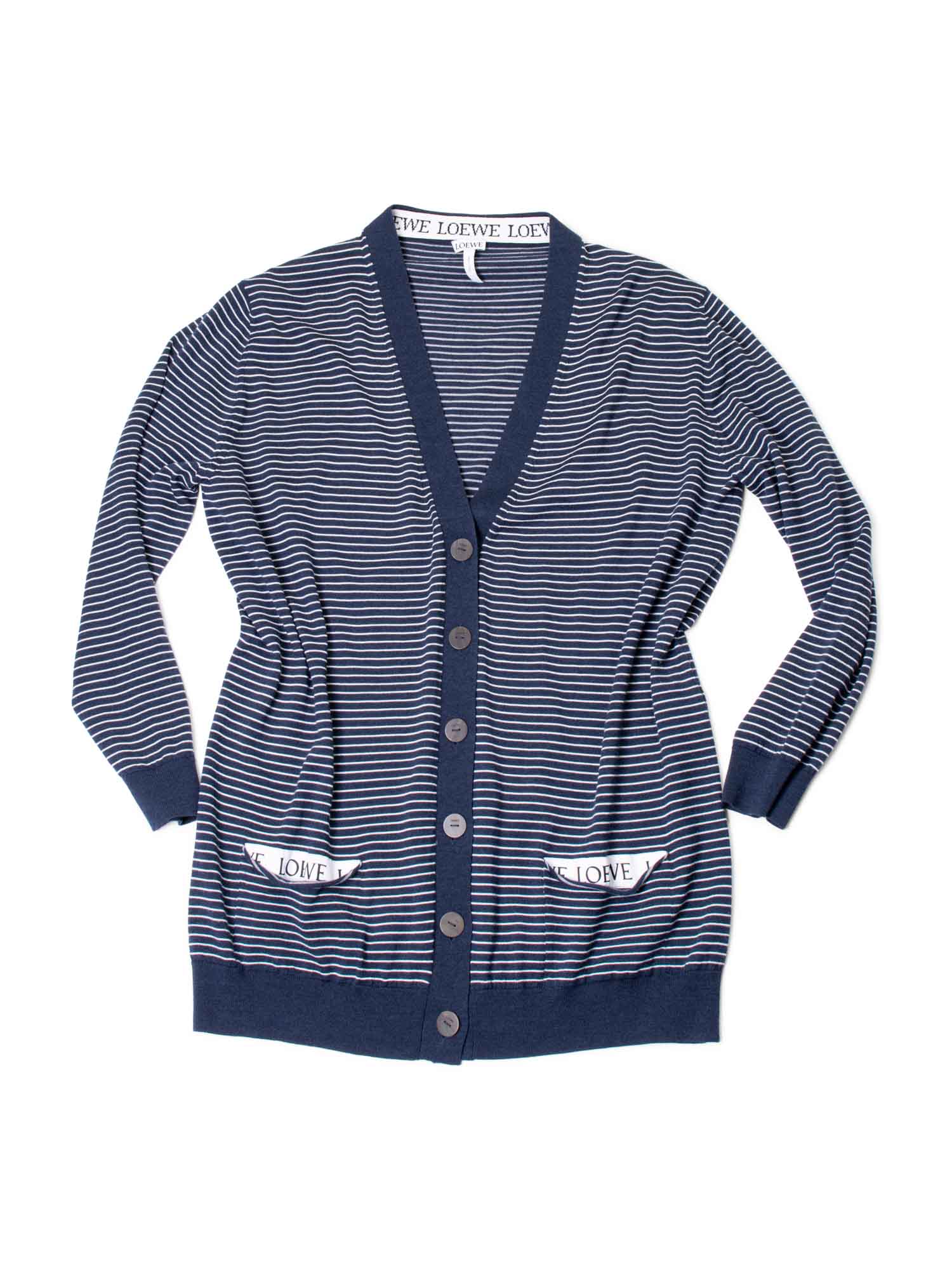 Loewe Knit Logo Stripes Button Down Cardigan Navy White