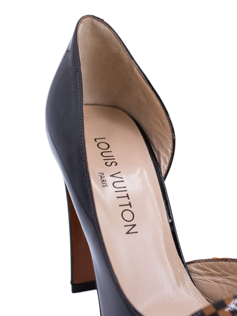 Louis Vuitton Patent Brown Damier Canvas Logo Open Toe Pump Shoes
