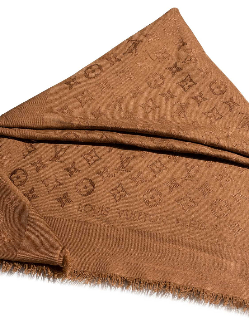 Louis Vuitton Beige Silk Monogram Fringed Edge Scarf Louis Vuitton