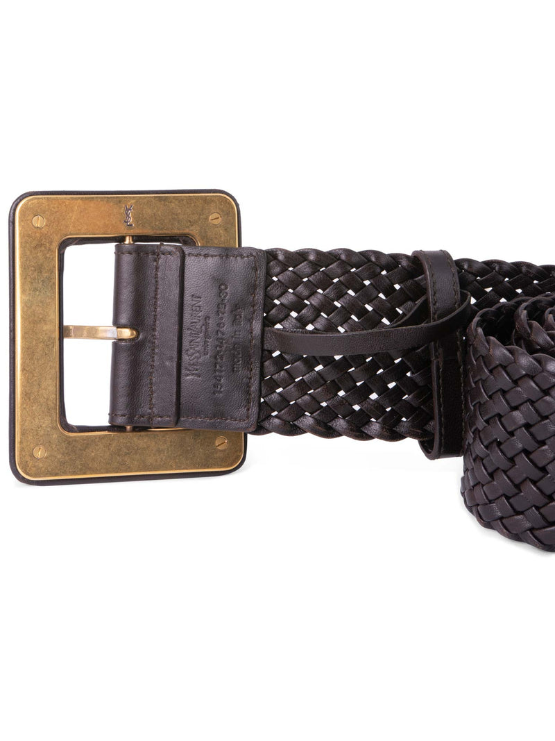 Black Logo-buckle braided leather belt, Saint Laurent